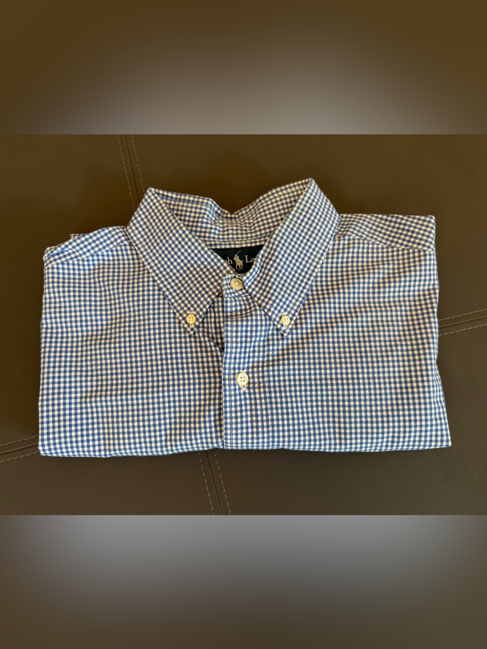Ralph Lauren Gingham Micro Plaid Blue and White Short Sleeve Button Mens XL - Picture 9 of 9